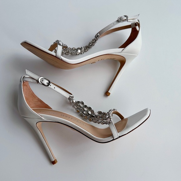 ✨New STUART WEITZMAN Stardust 100 Crystal Dress Sandals Bridal White Leather 7.5 - Picture 8 of 13